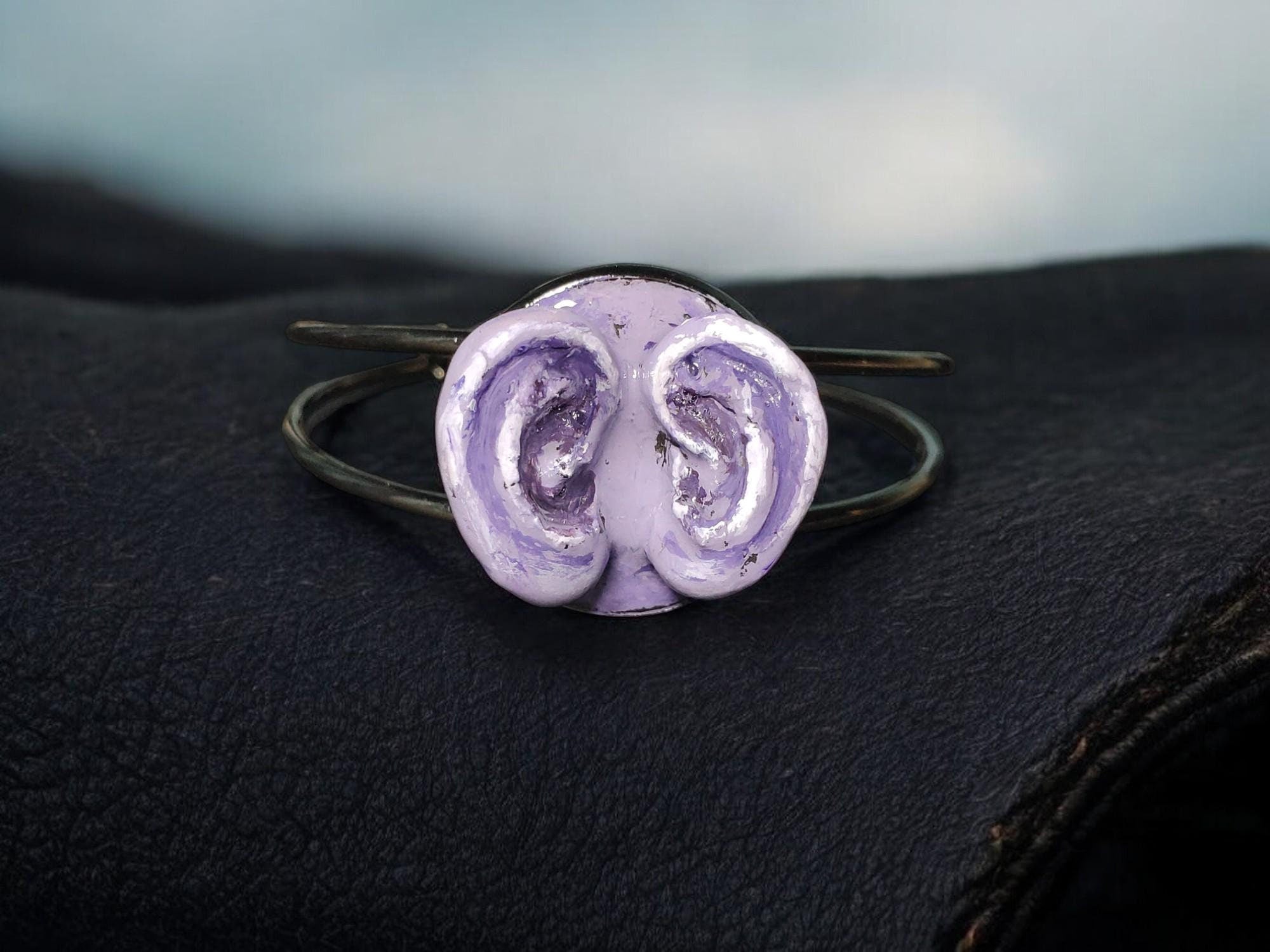 Two Ears Bracelet – Handmade Clay & Resin Surreal Statement Jewelry, Sculptural Artistic Wearable Art with Adjustable Copper Band OOAK