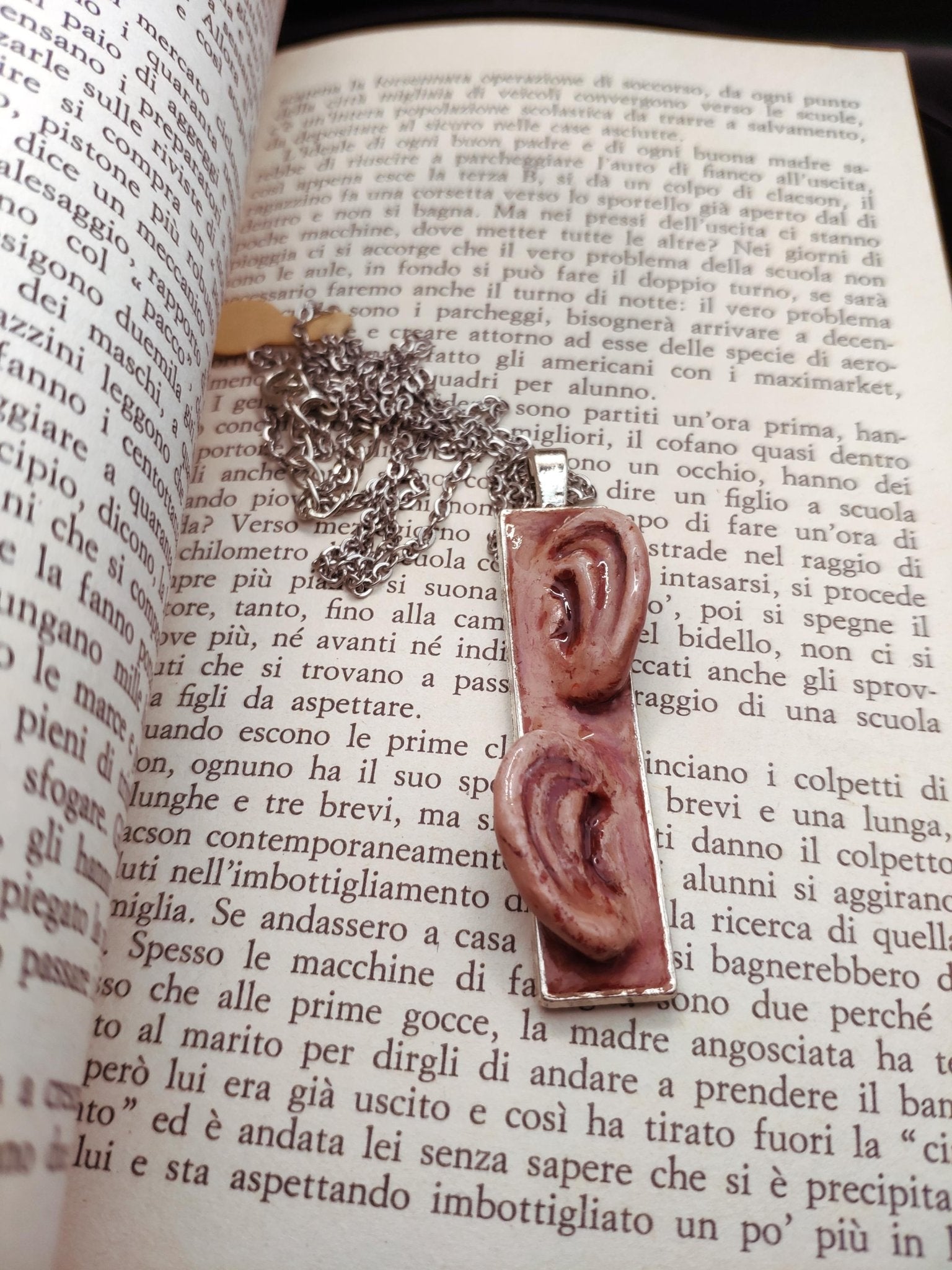 Two Ears Necklace – Handmade Clay & Resin Surreal Statement Jewelry, Sculptural Artistic Wearable Art with Alloy Pendant / Chain OOAK