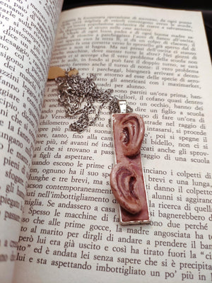 Two Ears Necklace – Handmade Clay & Resin Surreal Statement Jewelry, Sculptural Artistic Wearable Art with Alloy Pendant / Chain OOAK