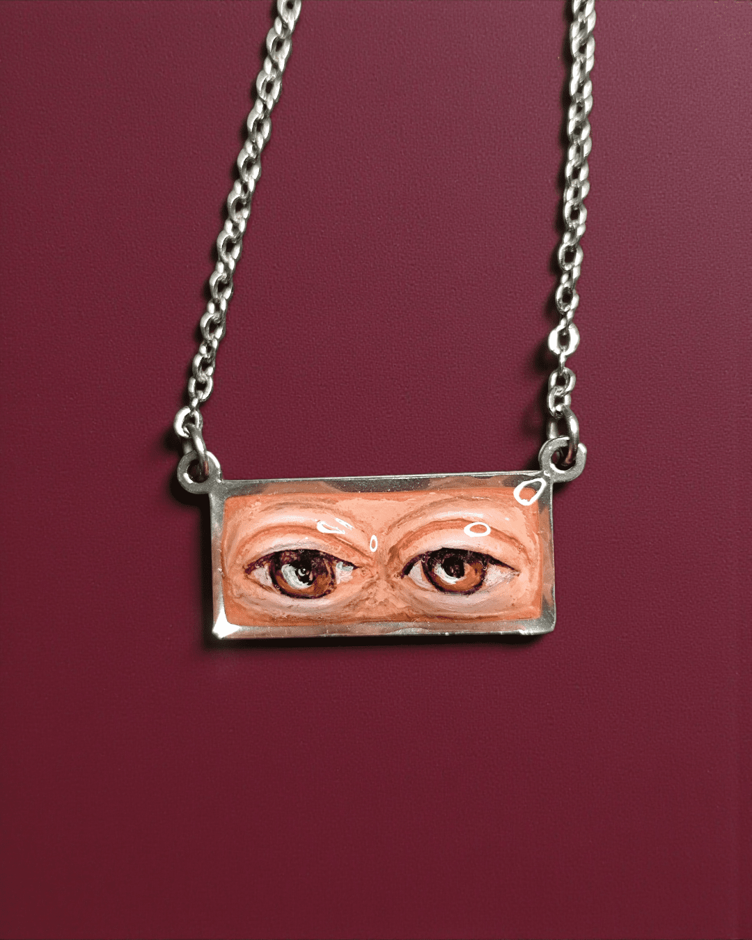 Two Eyes Watching Necklace – Handmade Clay & Resin Surreal Statement Jewelry, Sculptural Fantasy Wearable Art with Stainless Steel Chain / Pendant - SAMA