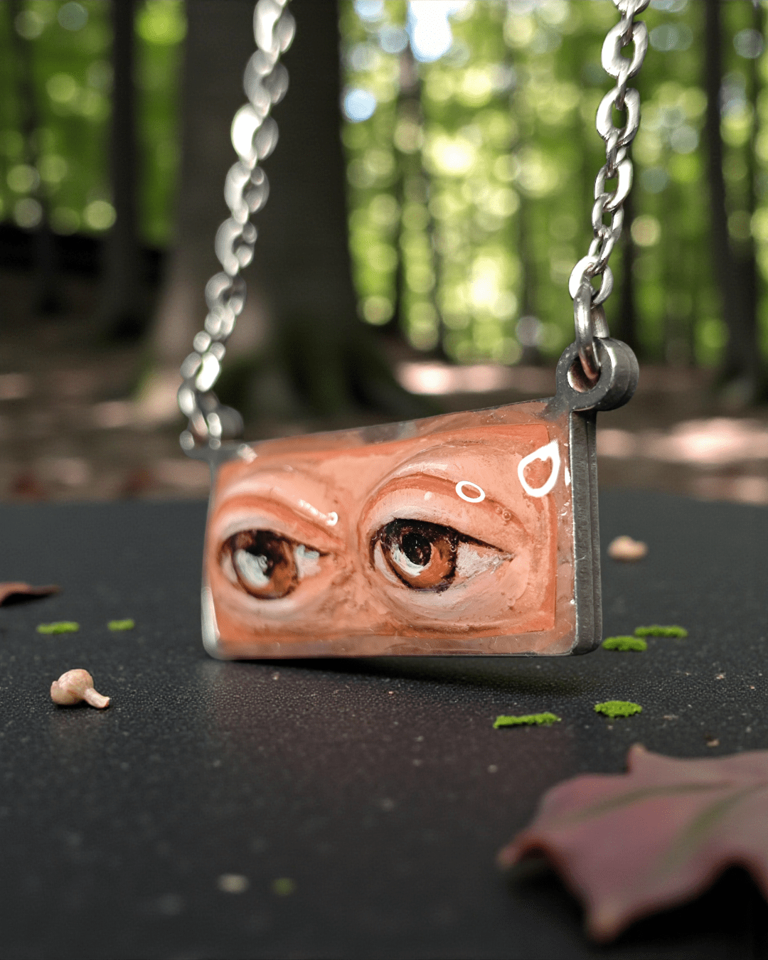 Two Eyes Watching Necklace – Handmade Clay & Resin Surreal Statement Jewelry, Sculptural Fantasy Wearable Art with Stainless Steel Chain / Pendant - SAMA