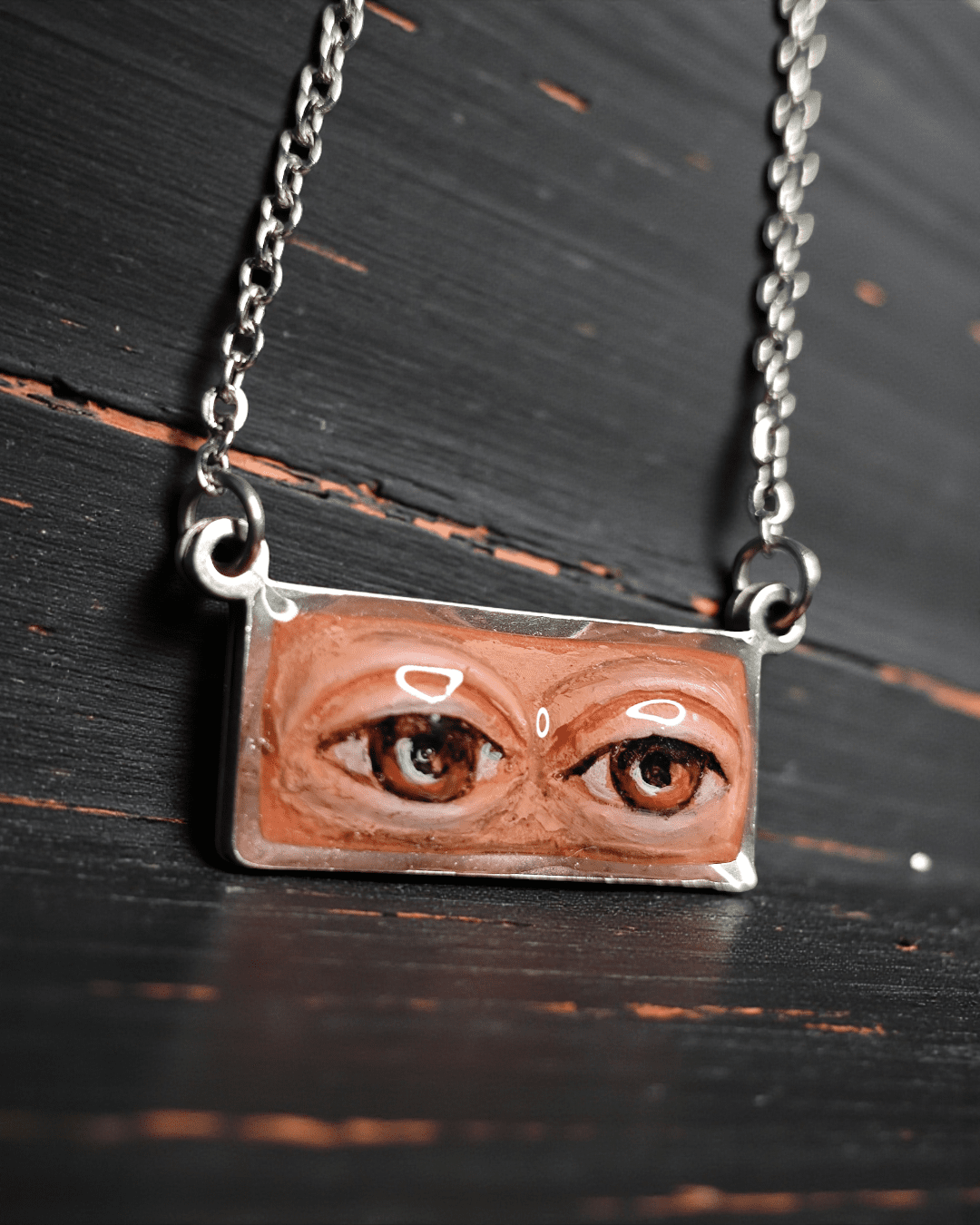 Two Eyes Watching Necklace – Handmade Clay & Resin Surreal Statement Jewelry, Sculptural Fantasy Wearable Art with Stainless Steel Chain / Pendant - SAMA