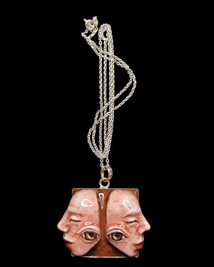 Two Faces Back-to-Back Necklace – Handmade Clay & Resin Surreal Statement Jewelry, Sculptural Wearable Art with Sterling Silver S925 Chain /