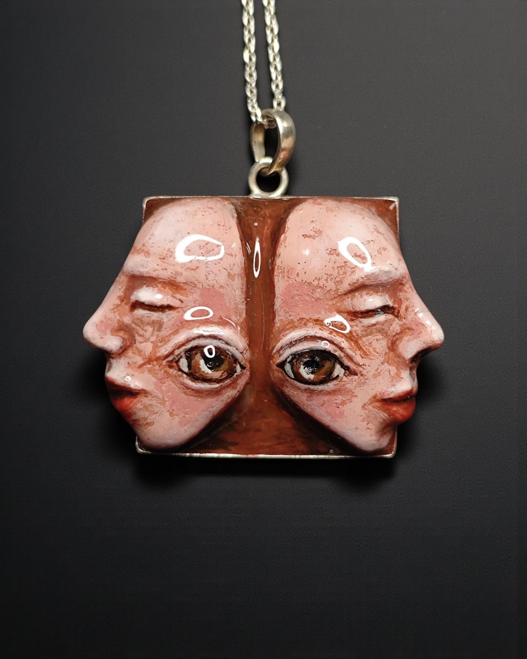 Two Faces Back-to-Back Necklace – Handmade Clay & Resin Surreal Statement Jewelry, Sculptural Wearable Art with Sterling Silver S925 Chain /