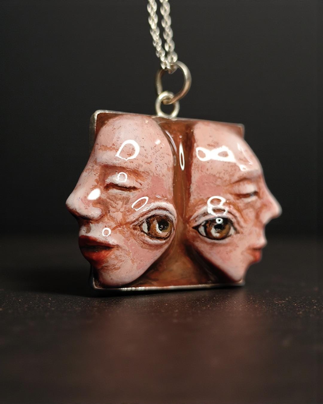 Two Faces Back-to-Back Necklace – Handmade Clay & Resin Surreal Statement Jewelry, Sculptural Wearable Art with Sterling Silver S925 Chain /