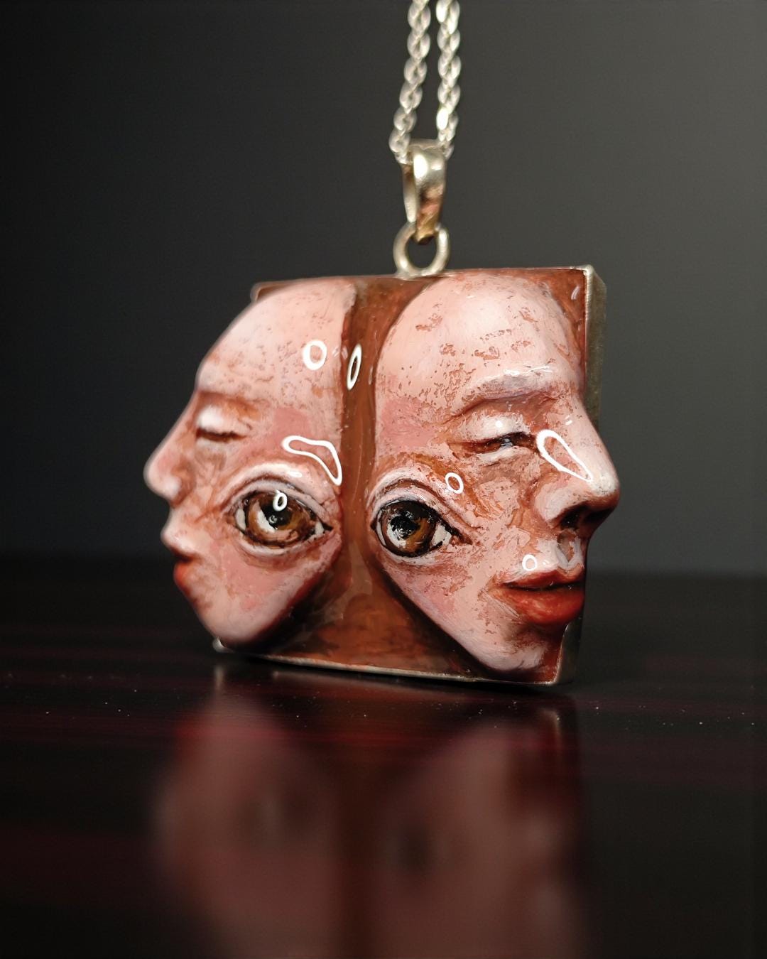 Two Faces Back-to-Back Necklace – Handmade Clay & Resin Surreal Statement Jewelry, Sculptural Wearable Art with Sterling Silver S925 Chain /