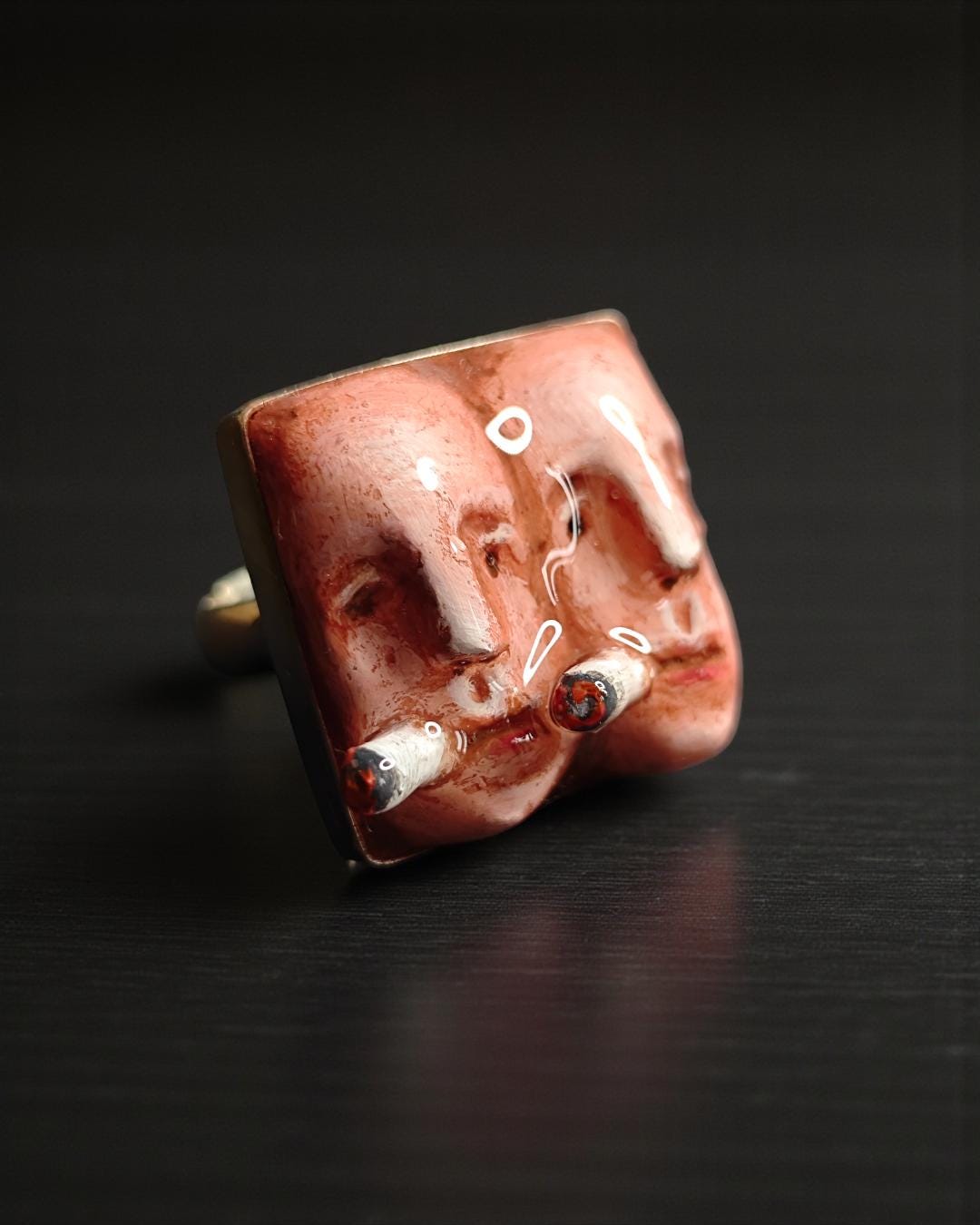 Two Persons Smoking Ring – Handmade Clay & Resin Surreal Statement Jewelry, Sculptural Fantasy Wearable Art with Adjustable Sterling Silver