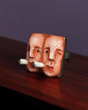 Two Persons Smoking Ring – Handmade Clay & Resin Surreal Statement Jewelry, Sculptural Fantasy Wearable Art with Adjustable Sterling Silver