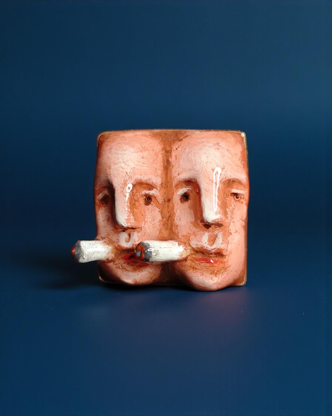 Two Persons Smoking Ring – Handmade Clay & Resin Surreal Statement Jewelry, Sculptural Fantasy Wearable Art with Adjustable Sterling Silver