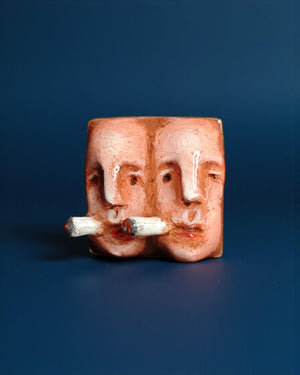 Two Persons Smoking Ring – Handmade Clay & Resin Surreal Statement Jewelry, Sculptural Fantasy Wearable Art with Adjustable Sterling Silver