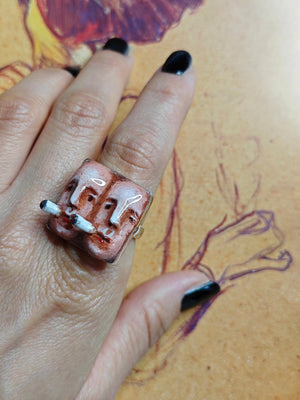 Two Persons Smoking Ring – Handmade Clay & Resin Surreal Statement Jewelry, Sculptural Fantasy Wearable Art with Adjustable Sterling Silver