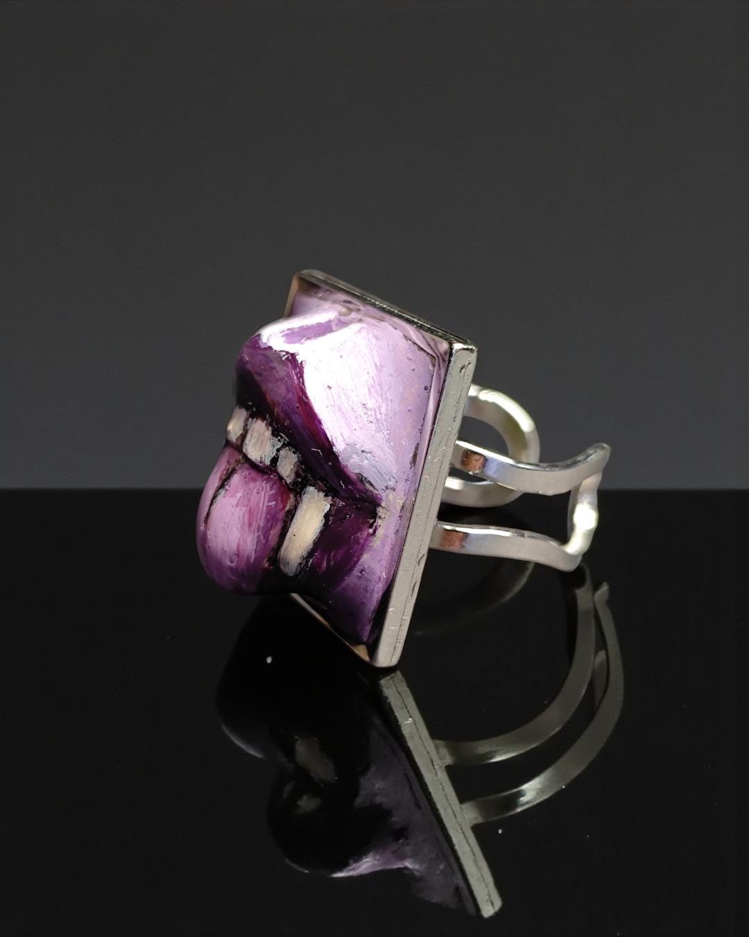 Vampire Tongue Out Purple Ring – Handmade Clay & Resin Dark Surreal Statement Jewelry, Sculptural Fantasy Wearable Art with Adjustable Stain