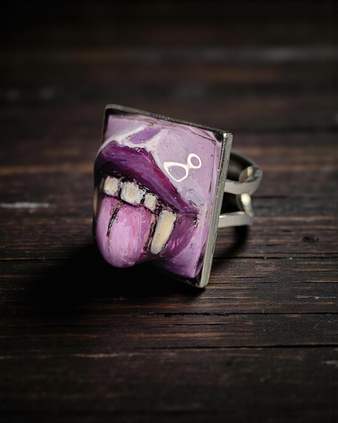 Vampire Tongue Out Purple Ring – Handmade Clay & Resin Dark Surreal Statement Jewelry, Sculptural Fantasy Wearable Art with Adjustable Stain