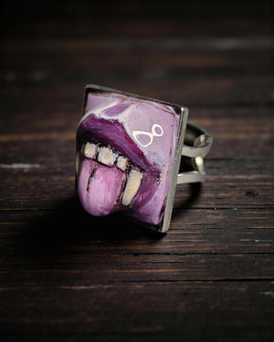 Vampire Tongue Out Purple Ring – Handmade Clay & Resin Dark Surreal Statement Jewelry, Sculptural Fantasy Wearable Art with Adjustable Stain