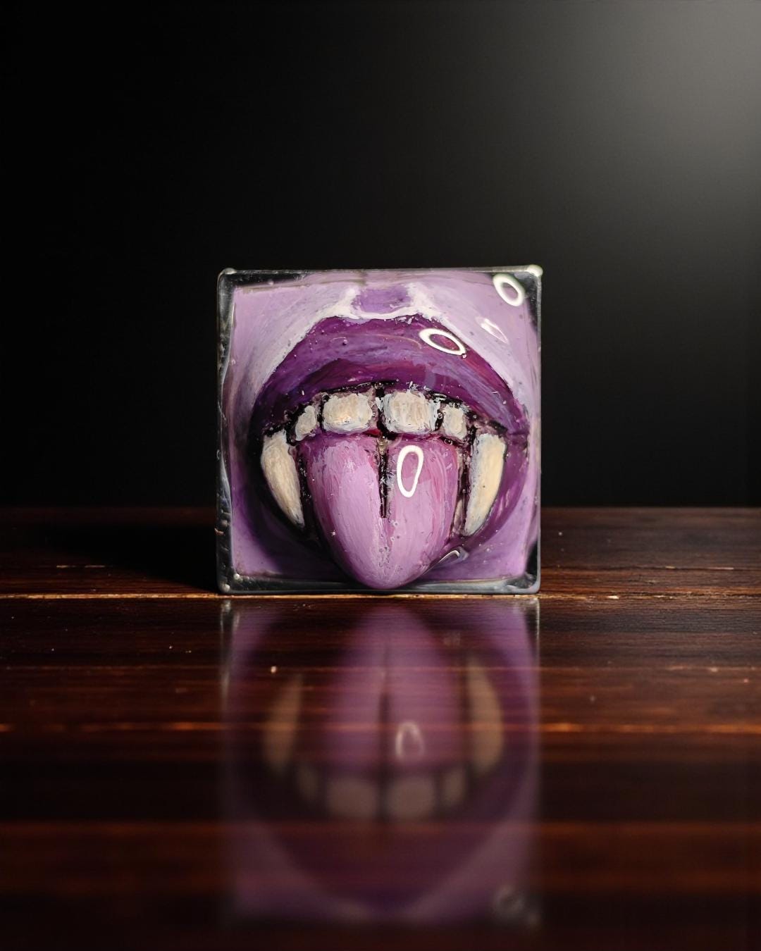 Vampire Tongue Out Purple Ring – Handmade Clay & Resin Dark Surreal Statement Jewelry, Sculptural Fantasy Wearable Art with Adjustable Stain