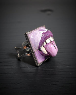 Vampire Tongue Out Purple Ring – Handmade Clay & Resin Dark Surreal Statement Jewelry, Sculptural Fantasy Wearable Art with Adjustable Stain