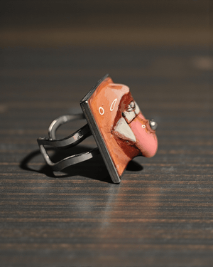 Vampire Tongue Out Ring – Handmade Clay & Resin Surreal Statement Jewelry with Adjustable Stainless Steel Band - SAMA