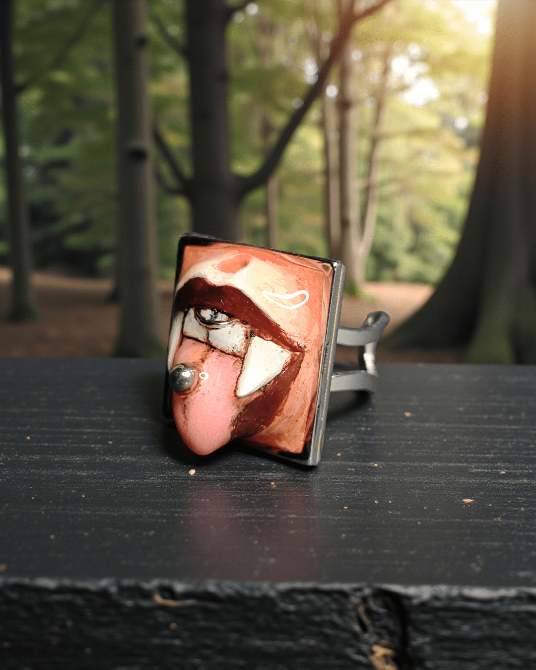 Vampire Tongue Out Ring – Handmade Clay & Resin Surreal Statement Jewelry with Adjustable Stainless Steel Band - SAMA