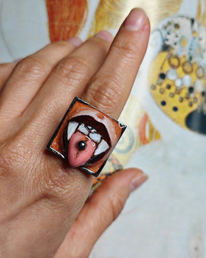 Vampire Tongue Out Ring – Handmade Clay & Resin Surreal Statement Jewelry with Adjustable Stainless Steel Band - SAMA